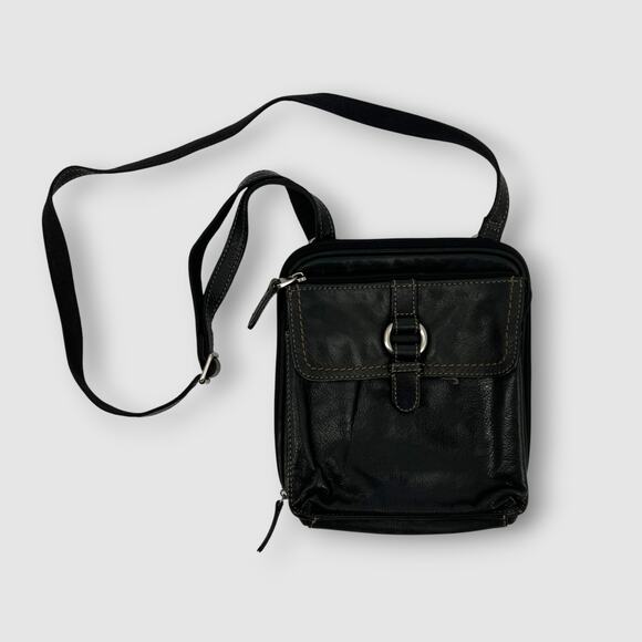 Vintage Y2k Fossil Black Leather Crossbody Travel Bag - Picture 1 of 6